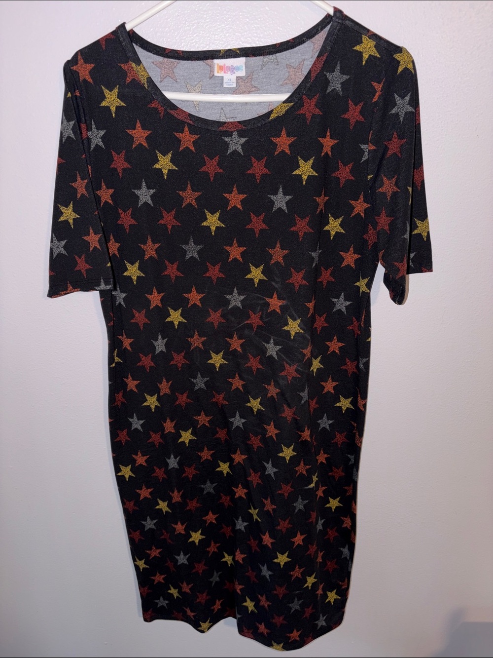 LuLaRoe “Julia”, short-sleeve black dress with star print, sz XL
